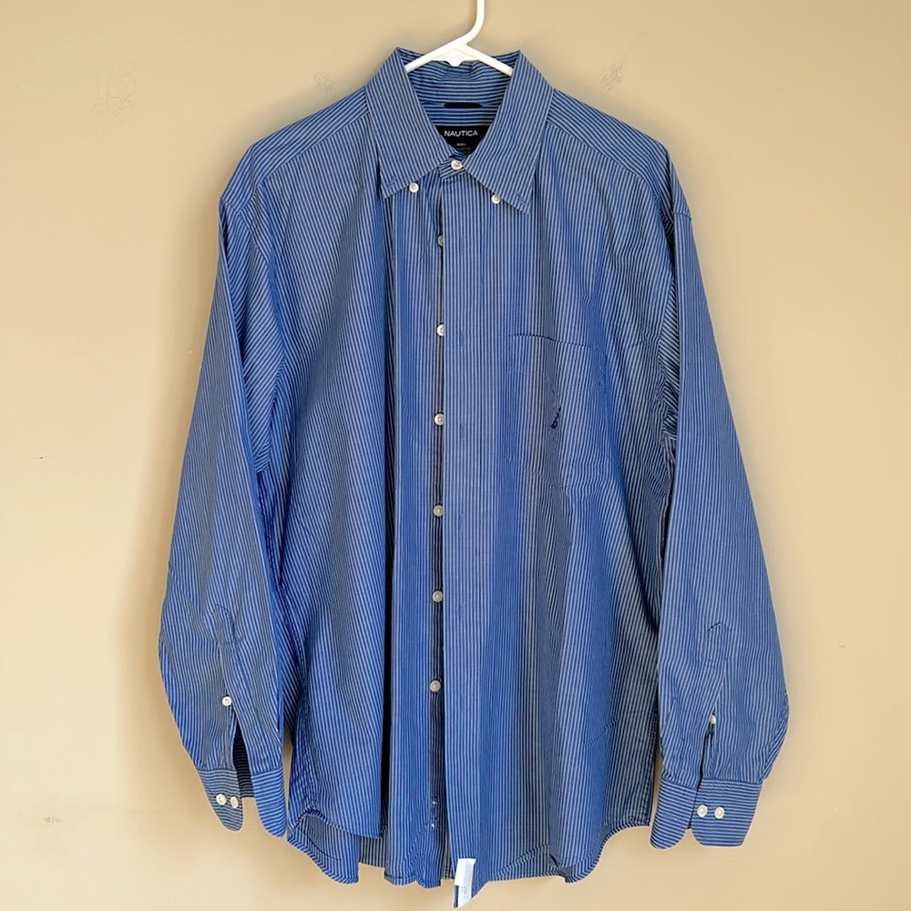 Nautica bottom down in blue and white stripes. All cotton. Like new. Size L